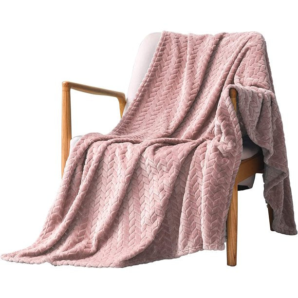 Exclusivo Mezcla Large Flannel Fleece Throw Blanket, Jacquard Weave Leaves Pattern (50" x 70", Pink) - Soft, Warm, Lightweight and Decorative