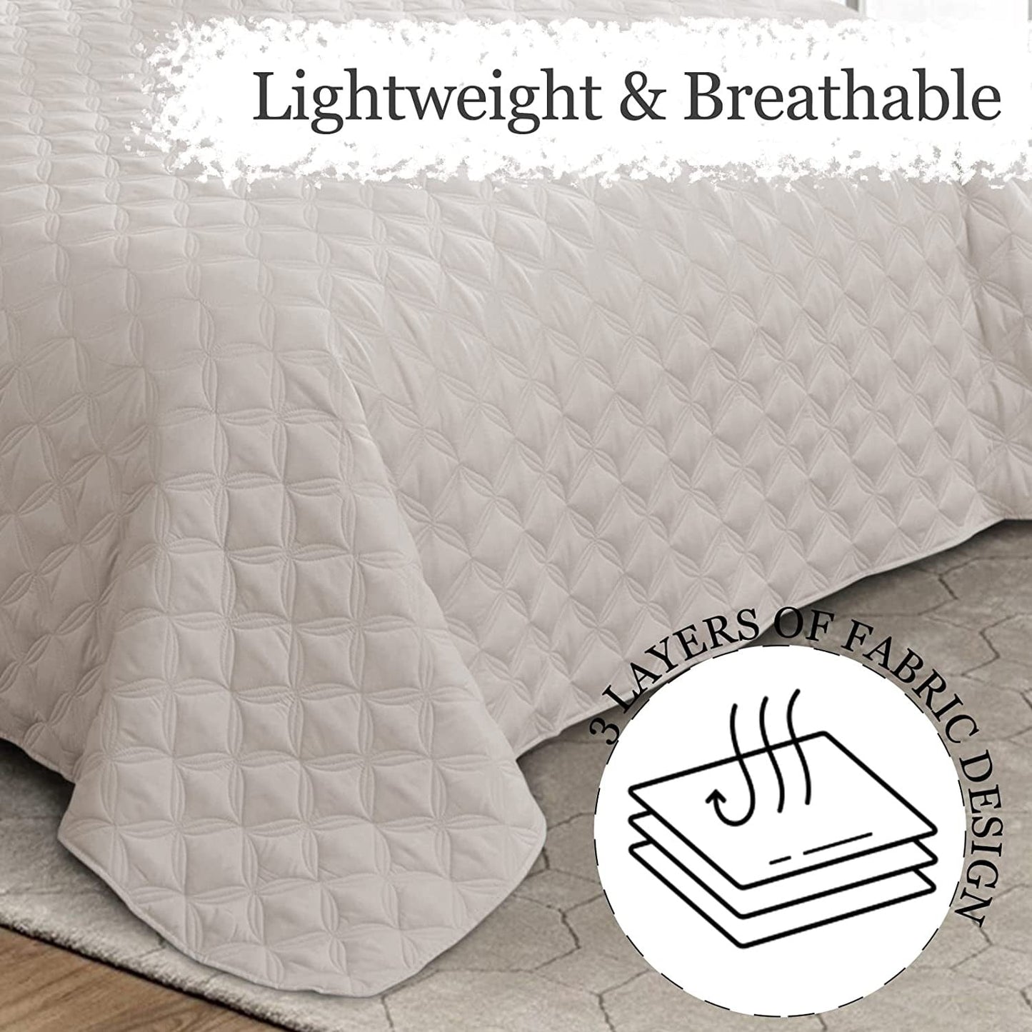 Exclusivo Mezcla Bed Quilt Set King Size for All Season, Stitched Pattern Quilted Bedspread/ Bedding Set/ Coverlet with 2 Pillow shams, Lightweight and Soft, Bone