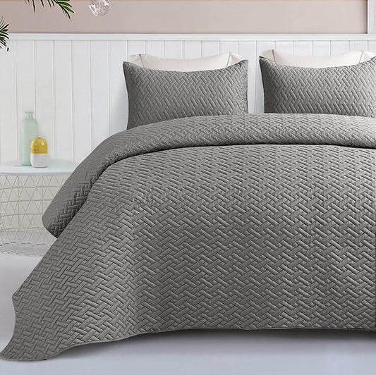 Exclusivo Mezcla 3-Piece King Size Quilt Set with Pillow Shams, Basket Quilted Bedspread/Coverlet/Bed Cover(96x104 inches, Light Grey)-Soft, Lightweight and Reversible