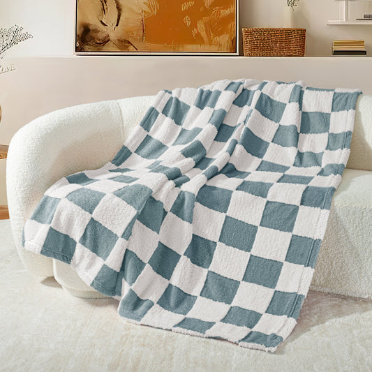 Exclusivo Mezcla Checkered Throw Blanket, Super Soft and Warm Fluffy Fleece Blanket for Couch, Sofa, Bed, Cute Plaid Pattern, Slate Blue, 50" x 60"
