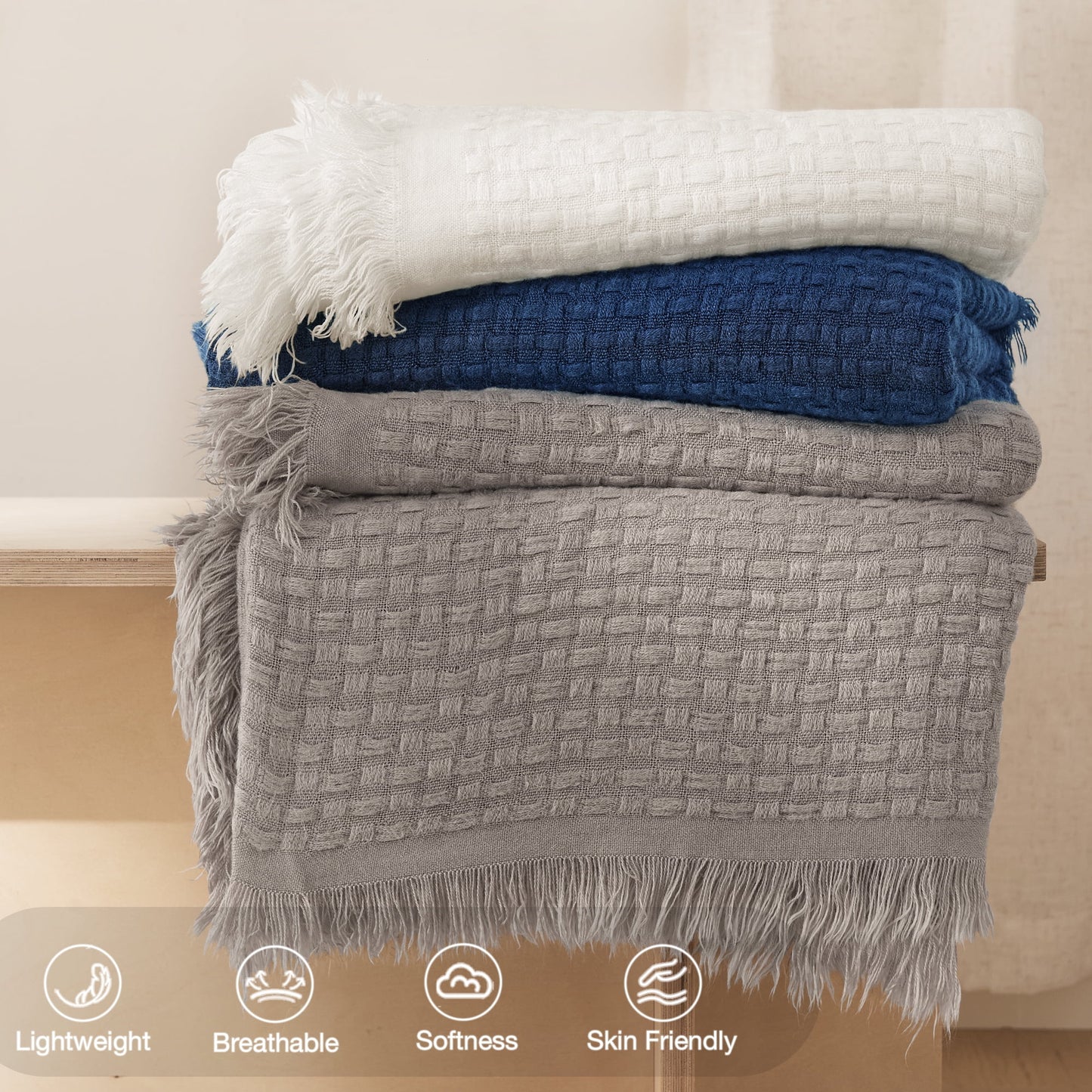 Exclusivo Mezcla Knitted Throw Blanket with Fringes for Couch, Soft and Warm Textured Throw for All Season, Lightweight Breathable Room Decor, Navy Blue, 50??x60??,Exclusivo Mezcla"