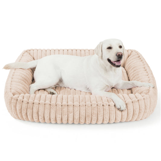 Exclusivo Mezcla Ribbed Plush Cuddler Dog Bed, 40"x32" Calming Pet Bed with Non-Slip Bottom for Large Dogs, Machine Washable, Apricot