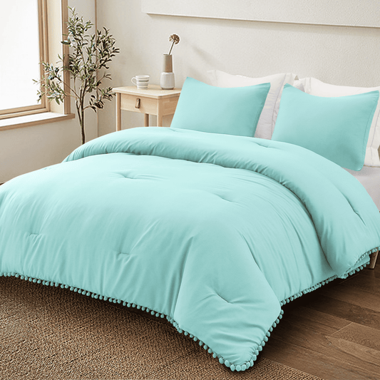 Exclusivo Mezcla Boho Pom Pom Ball Fringe Queen Comforter Set, 3 Piece Aqua Blue Lightweight Down Alternative Bedding Comforter Sets for All Seasons (1 Comforter and 2 Pillowcases)