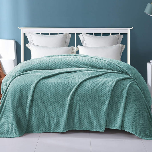 Exclusivo Mezcla King Size Jacquard Weave Leaves Pattern Flannel Fleece Velvet Plush Bed Blanket for Couch Bed Sofa (90" x 104", Celadon) - Soft, Lightweight, Warm and Cozy
