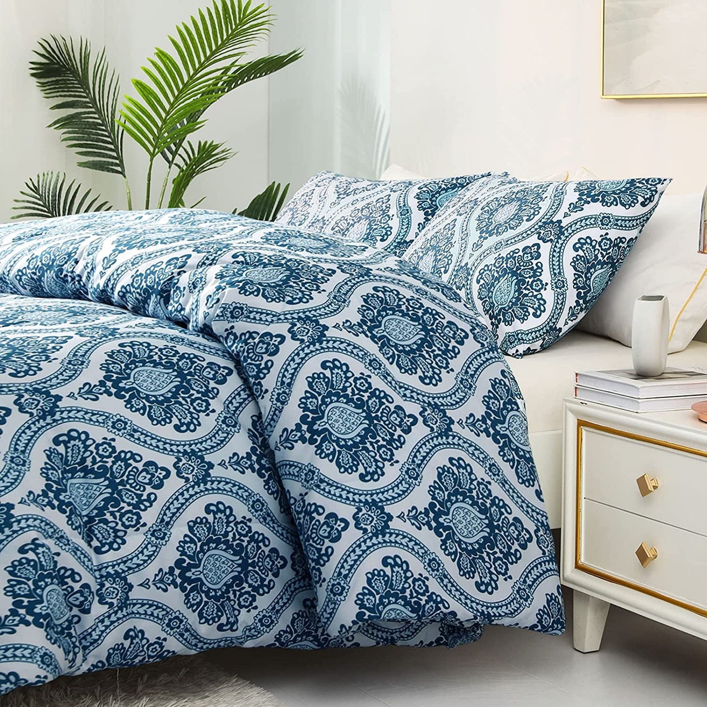 Exclusivo Mezcla 2-Piece Boho Damask Twin Comforter Set, Microfiber Bedding Down Alternative Comforter for All Seasons with 1 Pillow Sham, Navy Blue