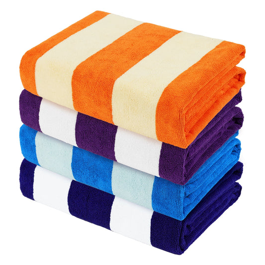Exclusivo Mezcla 4 Pack Microfiber Cabana Striped Large Beach/Pool/Bath Towel for Adults (Multi-Color, Navy/Purple/Orange/Blue, 30" x 60")?DSoft, Quick Dry, Lightweight and Plus