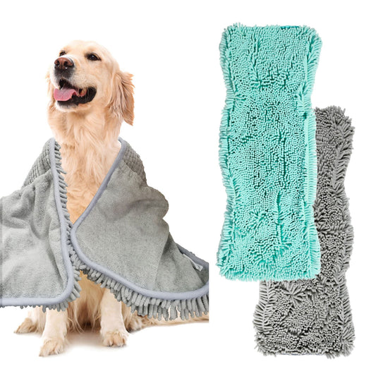 2 Pack Luxury Absorbent Dog Towels, (35"x15") Extra Large Microfiber Quick Drying Dog Shammy with Hand Pockets Pet Towel for Dog and Cat, Machine Washable (Grey+Aqua)