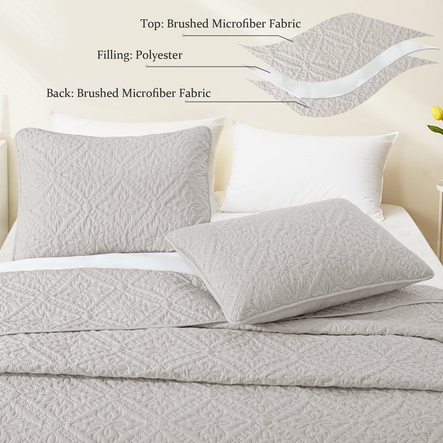 Exclusivo Mezcla King Quilt Bedding Set, Lightweight Soft Bedspreads Coverlets with 2 Pillow Shams, Modern Light Grey Oversized Quilts King Size for All Seasons