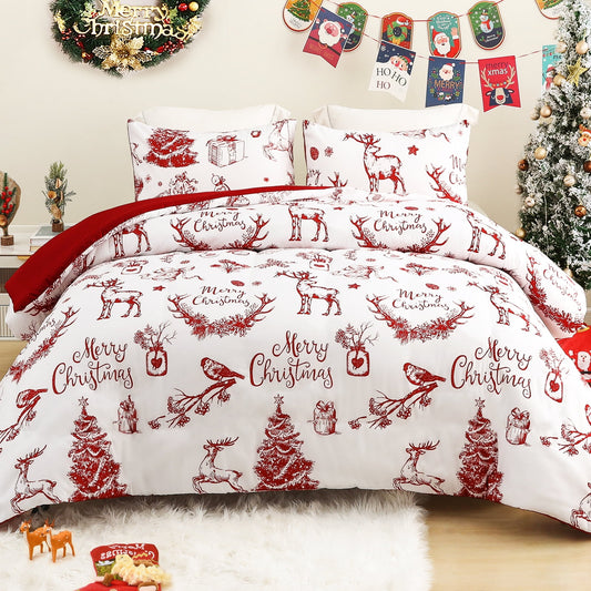 Exclusivo Mezcla Christmas Comforter Set Queen Size, Reversible White and Rust Red Down Alternative Comforter Sets, Printed with Christmas Reindeer Wreaths Pattern, for Holiday Decoration and Gifts