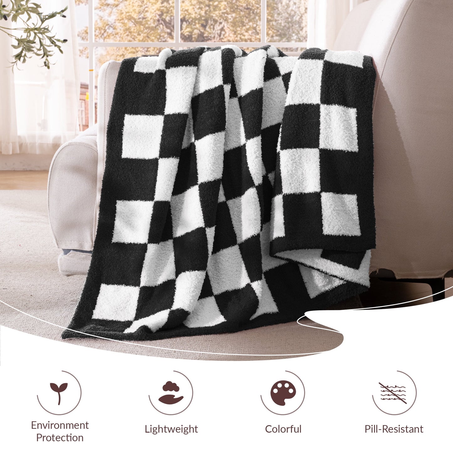 Exclusivo Mezcla Checkered Knit Blanket for Bed Twin Size, Ultra Soft Cozy Fluffy Blanket, Lightweight Fuzzy Throw for Couch and Bed, Black, 60"x80"