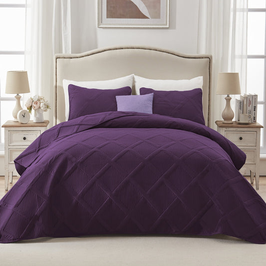 Exclusivo Mezcla 2 Pieces Ultrasonic Twin/ Twin XL Quilt Set, Lightweight Bedspreads Modern Striped Coverlet Set, Deep Purple