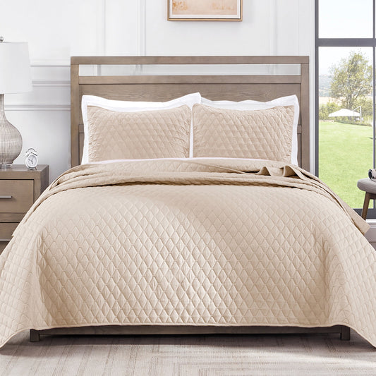 Exclusivo Mezcla Ultrasonic Reversible Full Queen Quilt Bedding Set with Pillow Shams, Lightweight Quilts Queen Size, Soft Bedspreads Bed Coverlets for All Seasons - (Brich Beige, 90"x96")