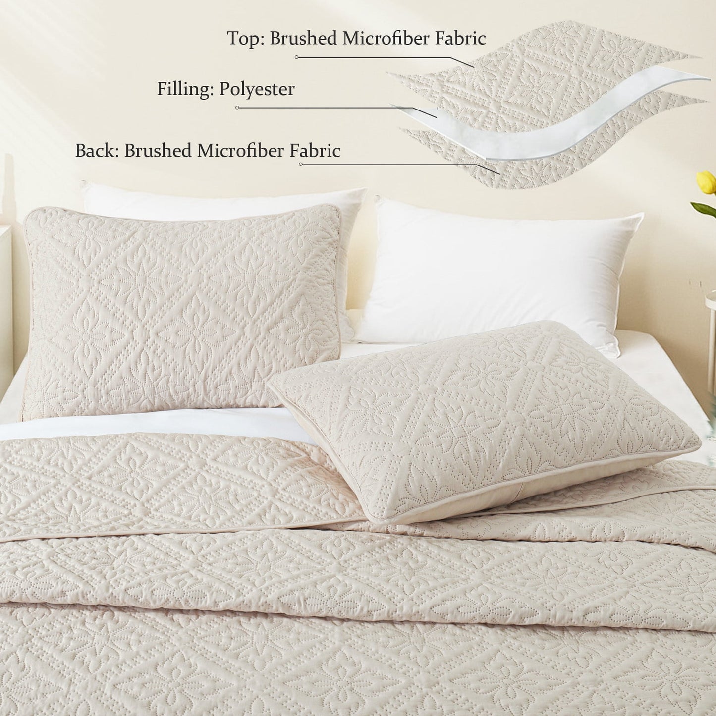 Exclusivo Mezcla Queen Quilt Bedding Set, Lightweight Soft Bedspreads Coverlets with 2 Pillow Shams, Modern Brich Beige Quilts Queen Full Size for All Seasons