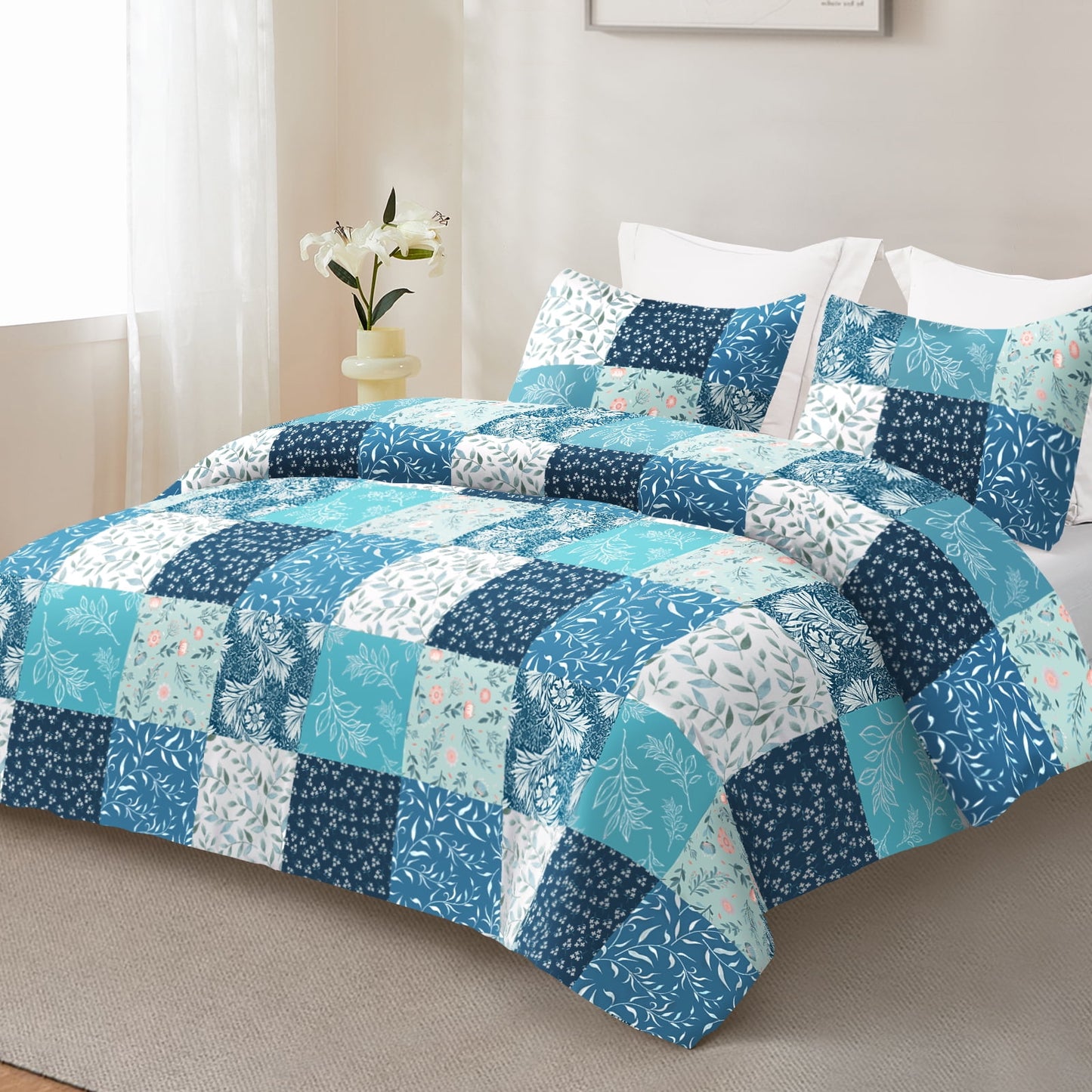 Exclusivo Mezcla 3-Piece Patchwork Queen Size Comforter Set, Microfiber Bedding Down Alternative Comforter for All Seasons with 2 Pillow Shams, Navy Blue