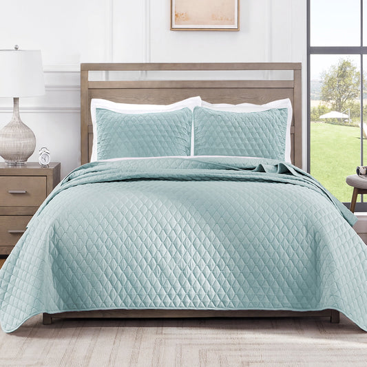 Exclusivo Mezcla Ultrasonic Reversible Full Queen Quilt Bedding Set with Pillow Shams, Lightweight Quilts Queen Size, Soft Bedspreads Bed Coverlets for All Seasons - (Aqua Blue, 90"x96")