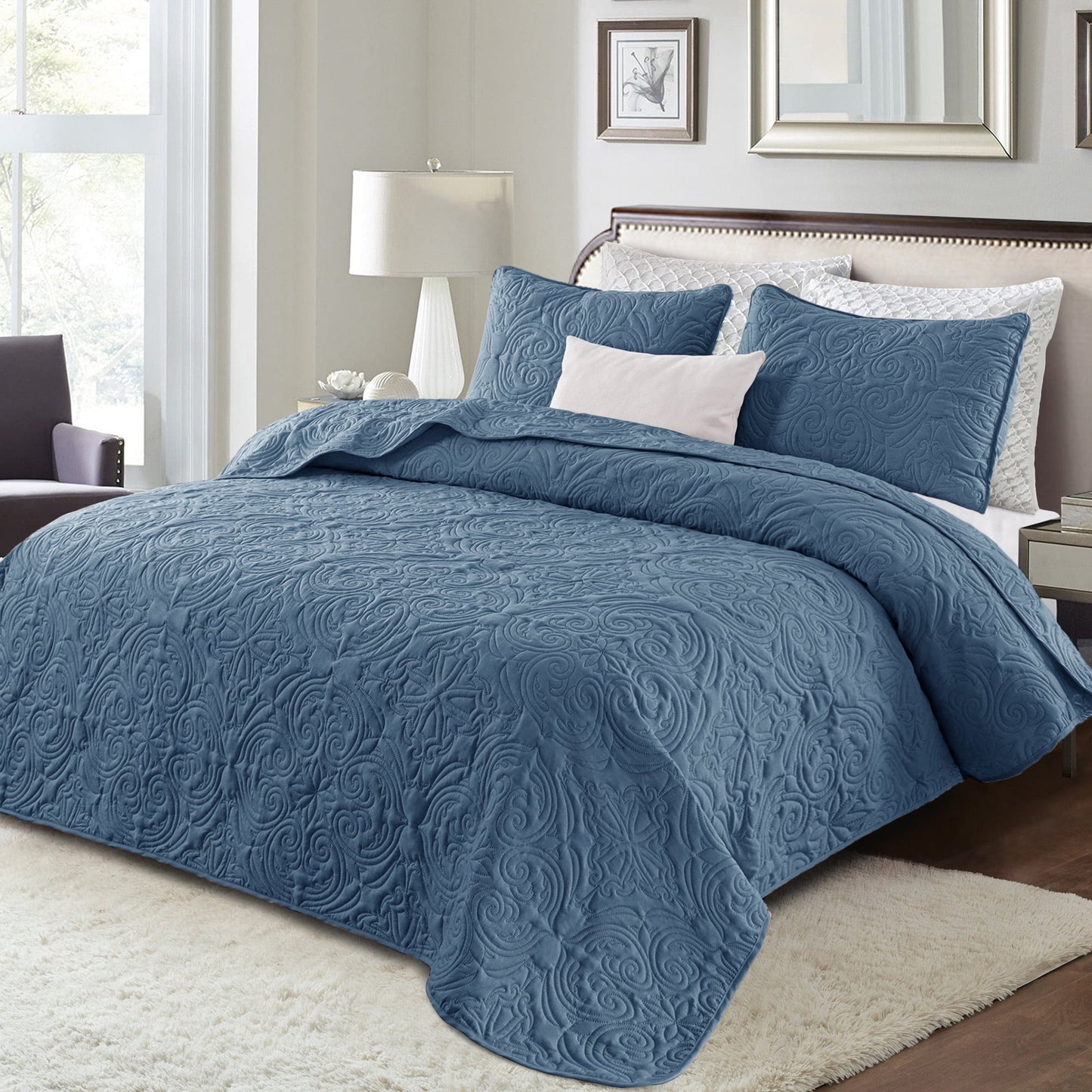 Exclusivo Mezcla King Quilt Bedding Set, Lightweight Vintage King Size Quilts with Pillow Shams, Soft Bedspreads Coverlets for All Seasons (104"x96", Bluish Grey)