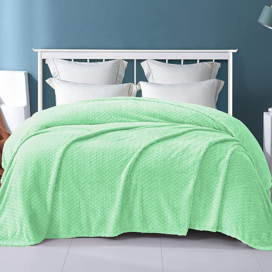Exclusivo Mezcla Twin Size Flannel Fleece Blanket, 90x66 Inches Soft Jacquard Weave Leaves Pattern Velvet Plush Blanket for Bed, Cozy, Warm, Lightweight and Decorative Mint Blanket