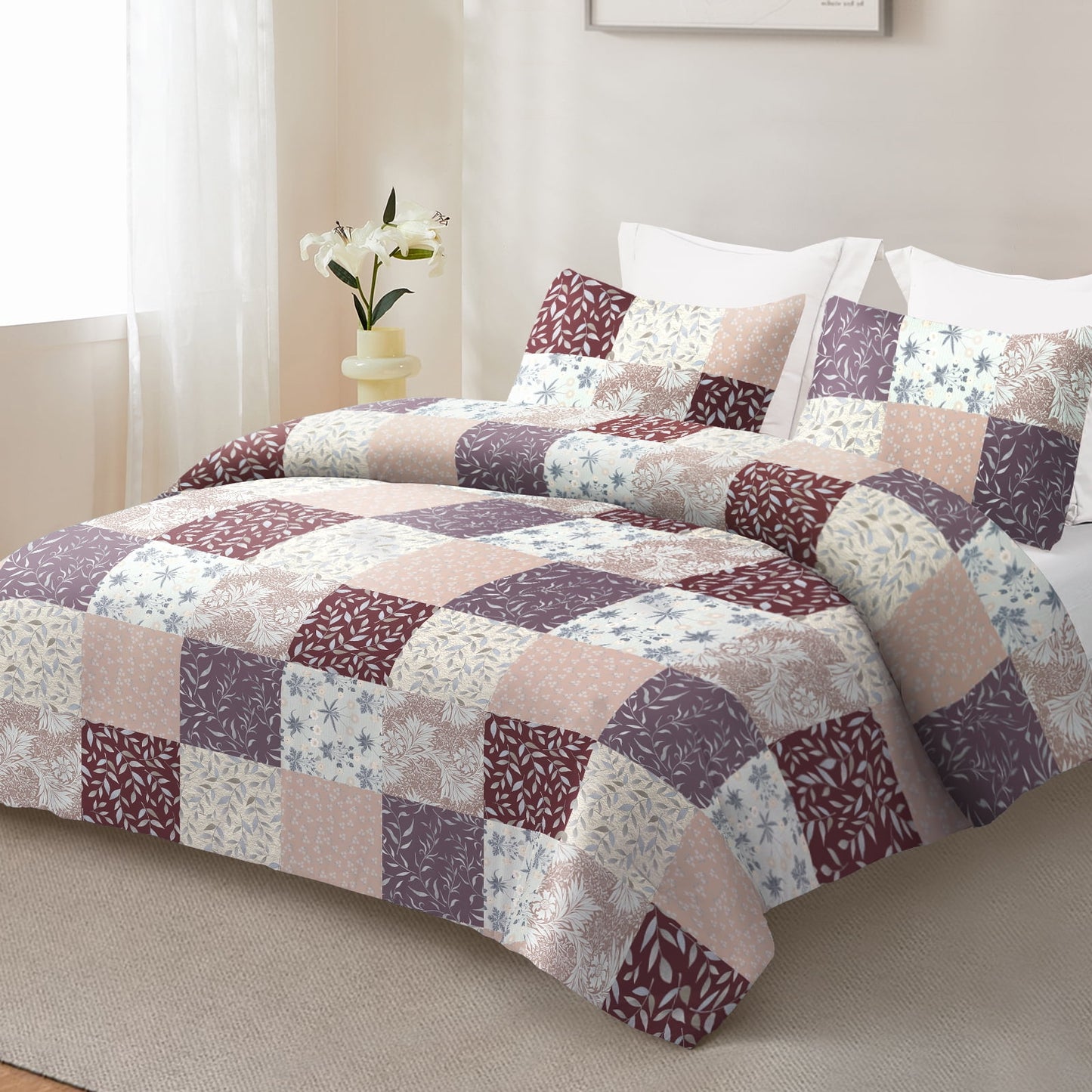 Exclusivo Mezcla 3-Piece Patchwork Queen Size Comforter Set, Microfiber Bedding Down Alternative Comforter for All Seasons with 2 Pillow Shams, Brown