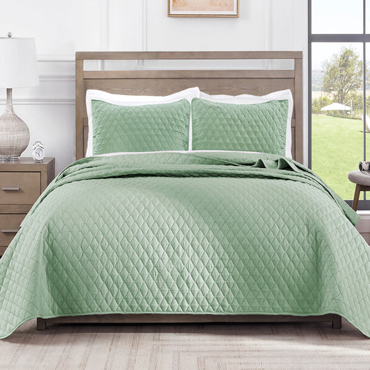 Exclusivo Mezcla Ultrasonic Reversible King Size Quilt Bedding Set with Pillow Shams, Lightweight Quilts King Size, Soft Bedspreads Bed Coverlets for All Seasons - (Mint Green, 104"x96")