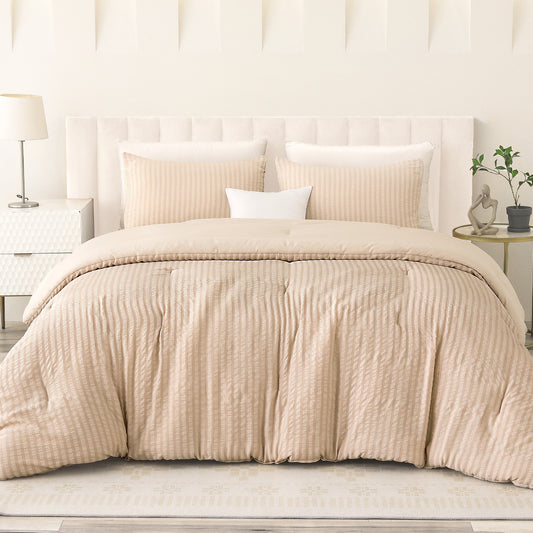 Exclusivo Mezcla 3-Piece Seersucker King Comforter Set Brich Beige, Lightweight Soft Striped Pattern All Season Bedding Comforter sets with 2 Pillow Shams