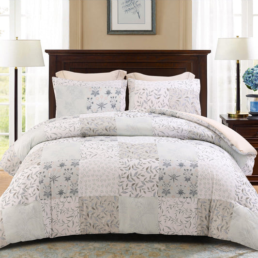 Exclusivo Mezcla 3-Piece Patchwork King Size Comforter Set, Microfiber Bedding Down Alternative Comforter for All Seasons with 2 Pillow Shams, Grey and Camel