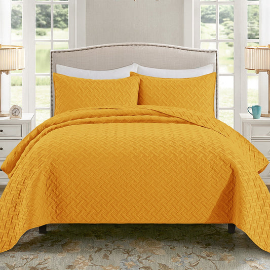 Exclusivo Mezcla 3-Piece Yellow Queen Size Quilt Set, Weave Pattern Ultrasonic Lightweight and Soft Quilts/Bedspreads/Coverlets/Bedding Set (1 Quilt, 2 Pillow Shams) for All Seasons