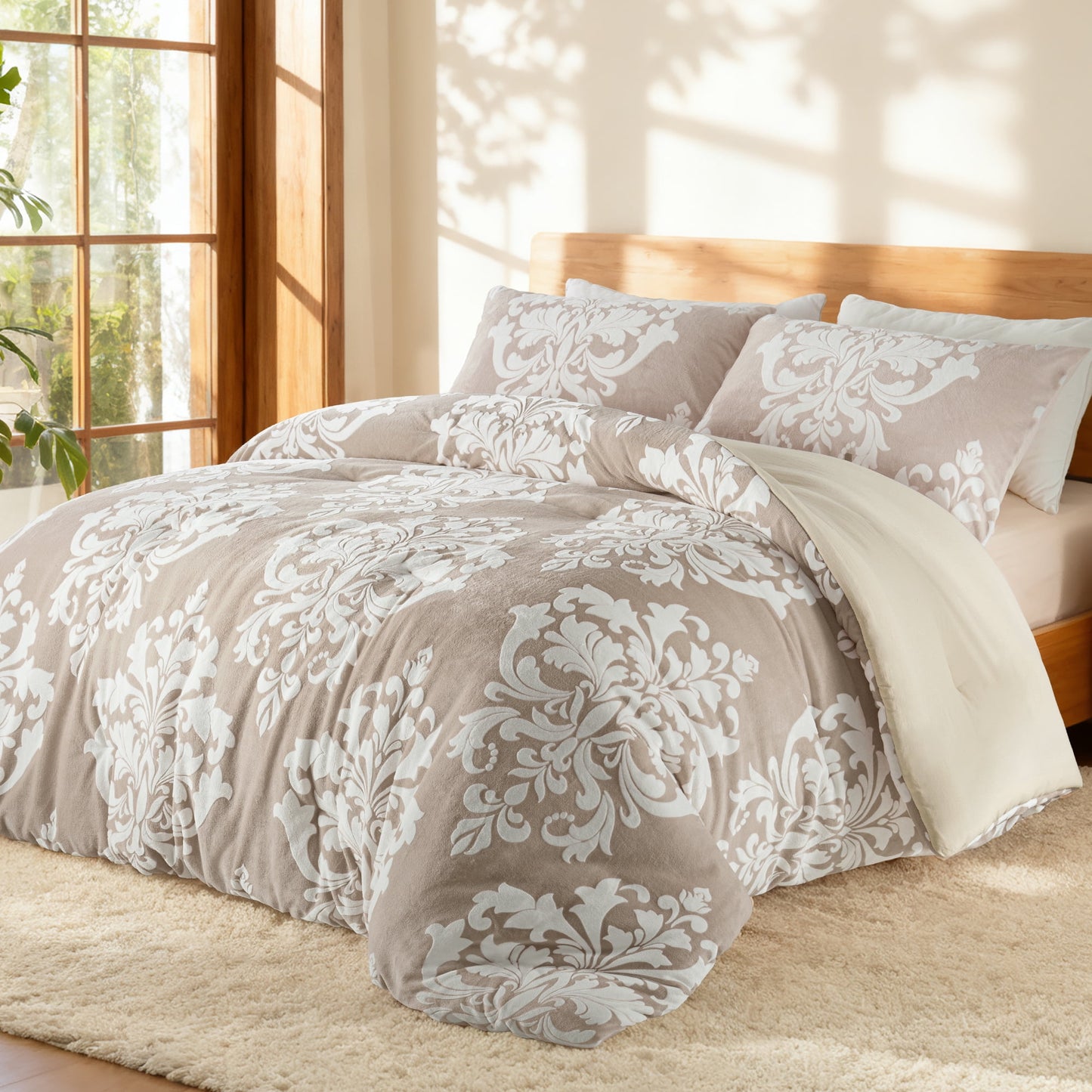 Exclusivo Mezcla Luxury Fuzzy King Size Comforter Set, 3 Pieces Boho Soft Warm Camel Comforters, Reversible Flannel Fluffy Bedding Comforter Sets for All Seasons