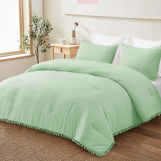 Exclusivo Mezcla Boho Pom Pom Ball Fringe Queen Comforter Set, 3 Piece Sage Green Lightweight Down Alternative Bedding Comforter Sets for All Seasons (1 Comforter and 2 Pillowcases)
