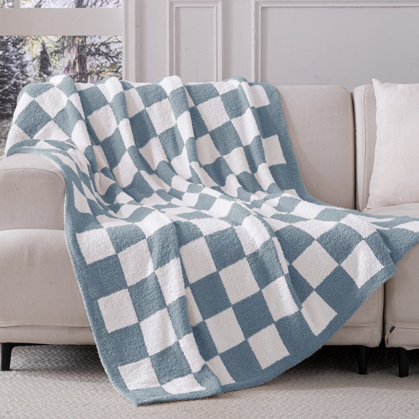 Exclusivo Mezcla Checkered Knit Throw Blanket, Ultra Soft Cozy Fluffy Checkerboard Blankets, Lightweight Fuzzy Plush Throw for Couch and Bed, Stone Blue, 50"x60"