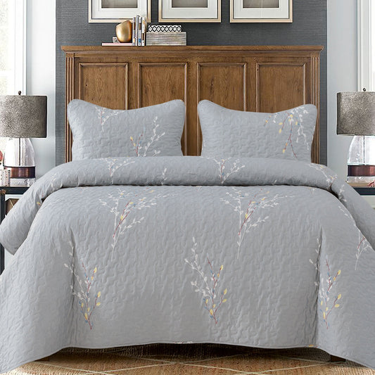 Exclusivo Mezcla 2 Piece Microfiber Twin Size Quilt Set, Lightweight Bedspreads/ Coverlet/ Bedding Set with one Pillow Sham, Floral Branches Pattern, (68"x 88", Gray)