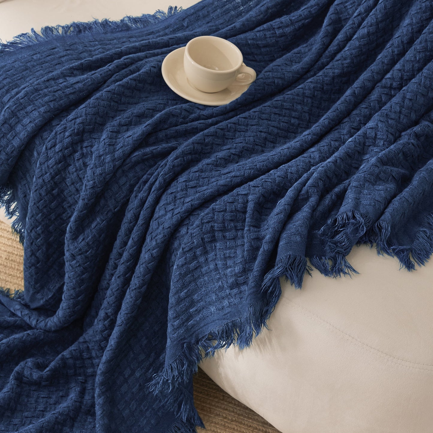 Exclusivo Mezcla Knitted Queen Size Blanket with Fringes for Bed, Soft and Warm Textured Blanket for All Season, Lightweight Breathable Living Room Bedding, Navy Blue, 90??x90??,Exclusivo Mezcla"