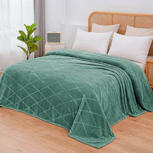 Exclusivo Mezcla King Size Flannel Fleece Blanket, 90x104 Inches Soft Diamond Geometry Pattern Velvet Plush Blanket for Bed, Cozy, Warm, Lightweight and Decorative Celadon Blanket