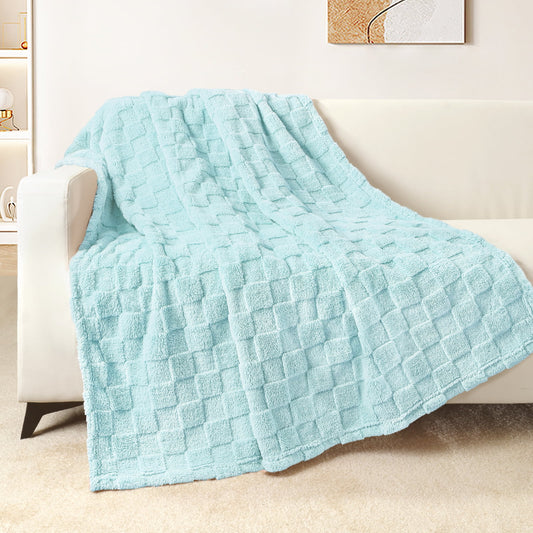 Exclusivo Mezcla Fleece Throw Blanket for Couch, Super Soft 3D Checkered Jacquard Bed Blanket, Cozy Fluffy Lightweight Blanket for All Seasons, 50x60 Inches, Light Blue Blanket