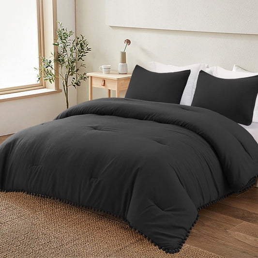 Exclusivo Mezcla Boho Pom Pom Ball Fringe King Size Comforter Set, 3 Piece Black Lightweight Down Alternative Bedding Comforter Sets for All Seasons (1 Comforter and 2 Pillowcases)