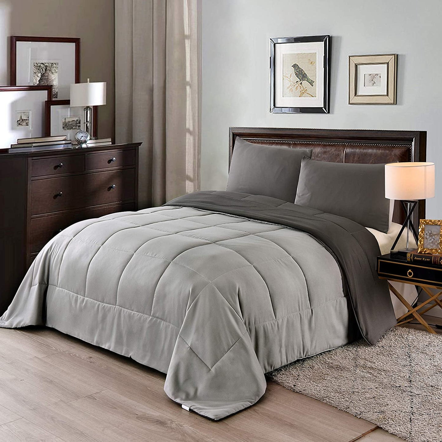 Exclusivo Mezcla Lightweight Reversible 3-Piece Comforter Set All Seasons, Down Alternative Comforter with 2 Pillow Shams, King Size, Grey