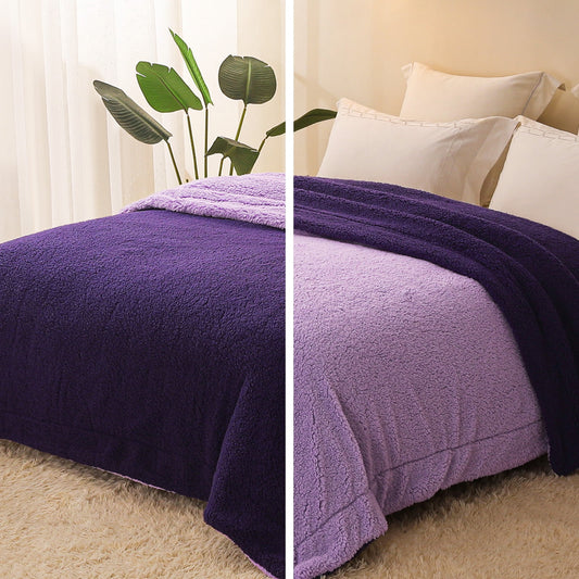 Exclusivo Mezcla Queen Size Reversible Sherpa Fleece Blanket, Soft Plush Blanket for Bed Sofa, Warm Fluffy Blankets for All Season, 90x90 Inches, Deep Purple/ Lilac