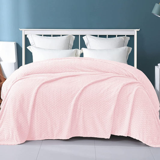 Exclusivo Mezcla Twin Size Flannel Fleece Blanket, 90x66 Inches Soft Jacquard Weave Leaves Pattern Velvet Plush Blanket for Bed, Cozy, Warm, Lightweight and Decorative Light Pink Blanket