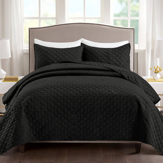 Exclusivo Mezcla 3-Piece Black Queen Size Quilt Set, Box Pattern Ultrasonic Lightweight and Soft Quilts/Bedspreads/Coverlets/Bedding Set (1 Quilt, 2 Pillow Shams) for All Seasons