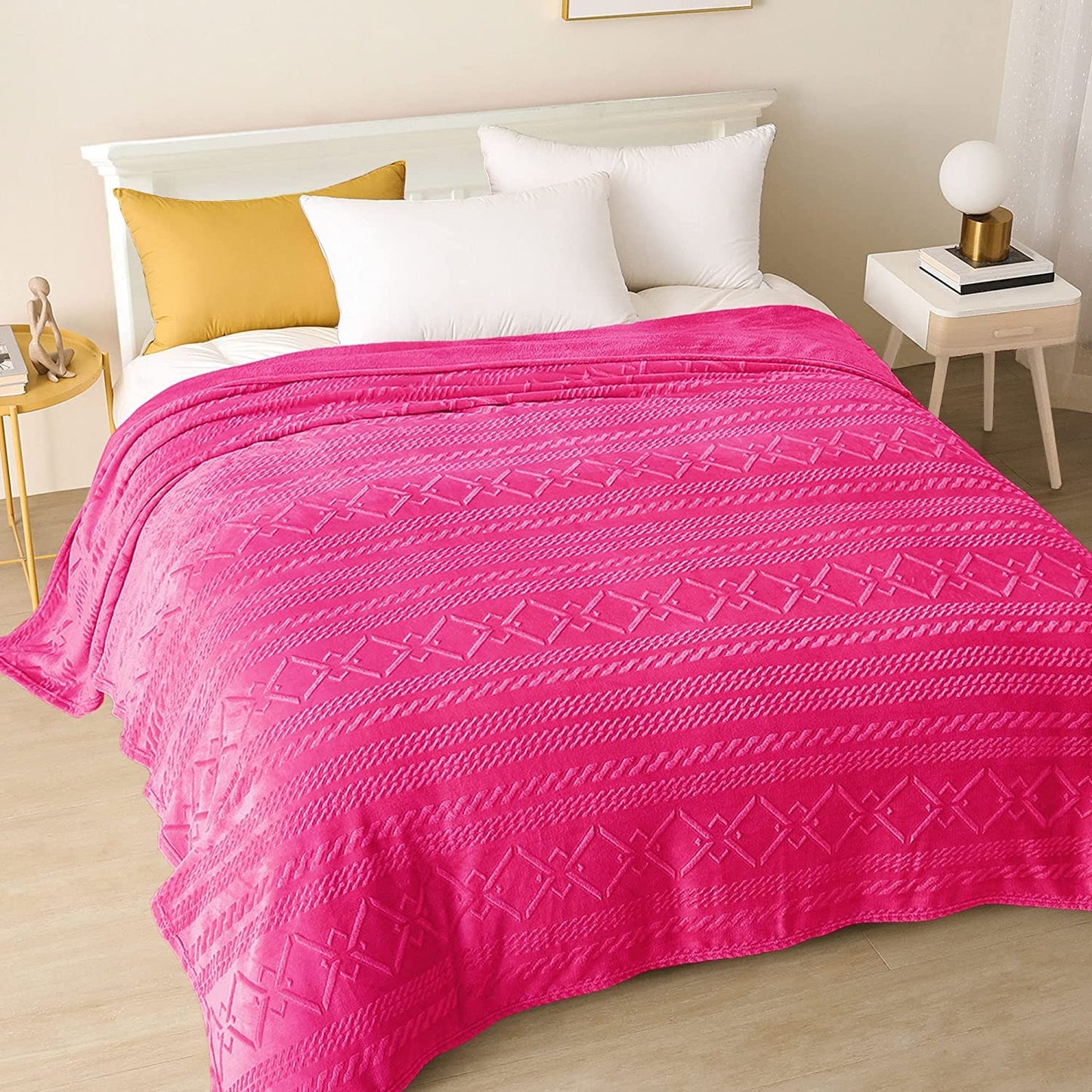 Exclusivo Mezcla Queen Size Soft Bed Blanket, Warm Fuzzy Luxury Bed Blankets, Decorative Geometry Pattern Plush Throw Blanket for Bed, 90x90 Inches, Hot Pink