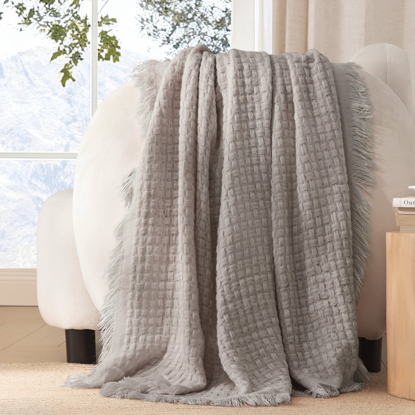 Exclusivo Mezcla Knitted Twin Size Blanket with Fringes for Bed, Soft and Warm Textured Blanket for All Season, Lightweight Breathable Living Room Bedding, Beige, 60??x80??,Exclusivo Mezcla"