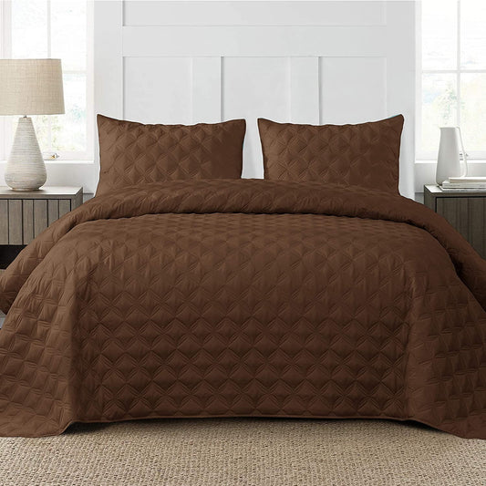 Exclusivo Mezcla Bed Quilt Set King Size for All Seasons, Stitched Pattern Quilted Bedspread/ Bedding Set/ Coverlet with 2 Pillow shams, Lightweight and Soft, Brown