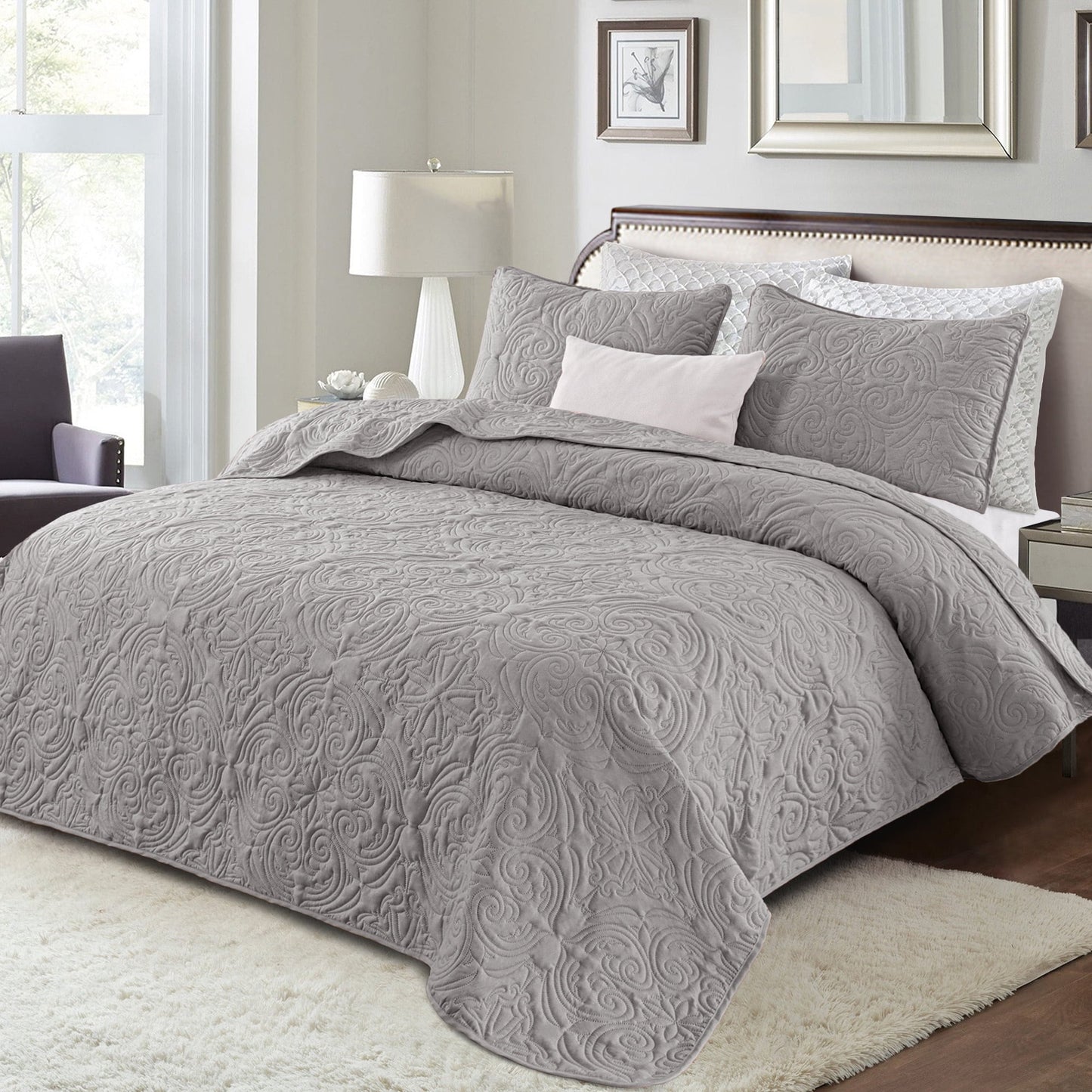 Exclusivo Mezcla King Quilt Bedding Set, Lightweight Vintage King Size Quilts with Pillow Shams, Soft Bedspreads Coverlets for All Seasons (104"x96", Light Grey)