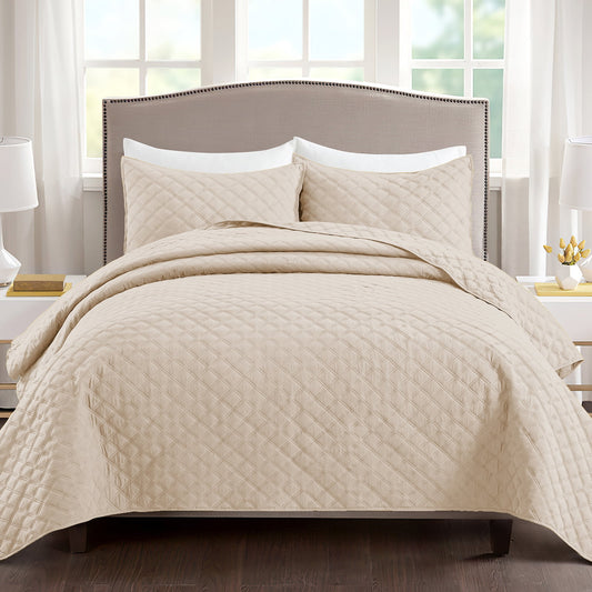 Exclusivo Mezcla 2-Piece Bone Twin Size Quilt Set, Box Pattern Ultrasonic Lightweight and Soft Quilts/Bedspreads/Coverlets/Bedding Set (1 Quilt, 1 Pillow Sham) for All Seasons