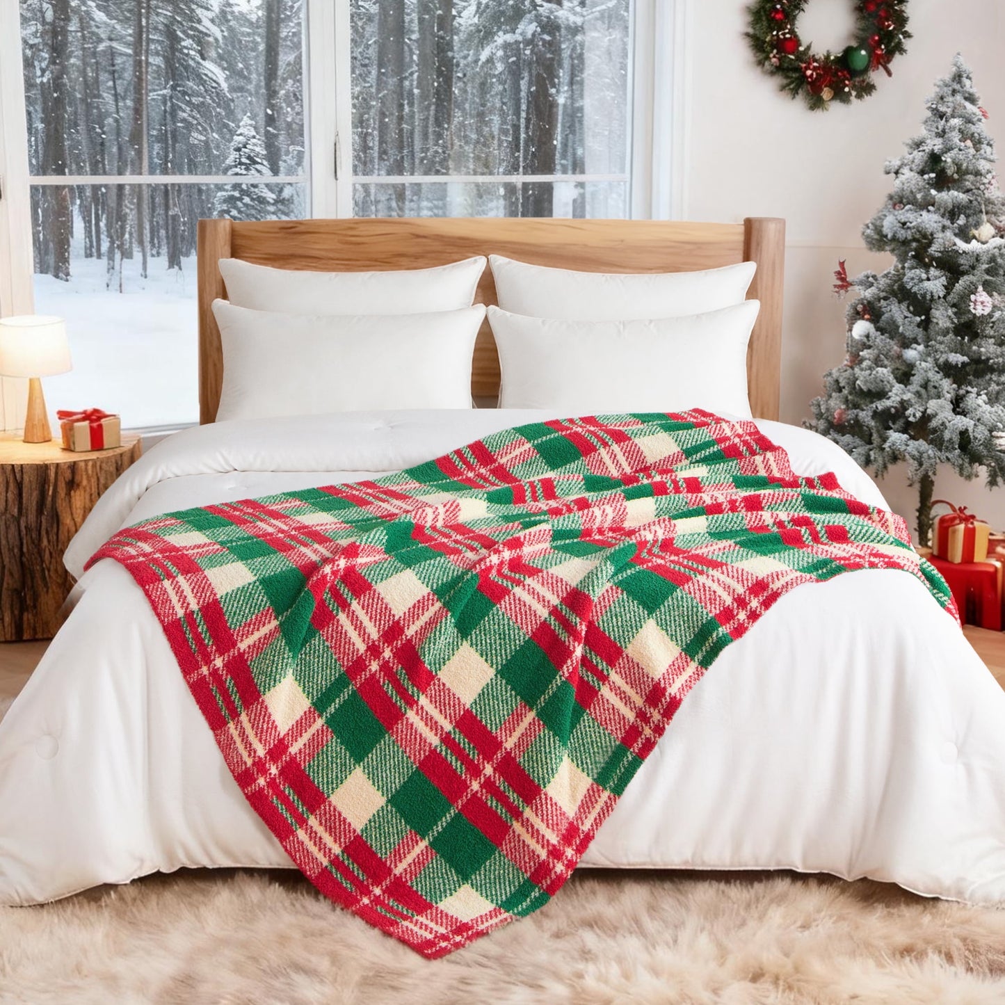 Exclusivo Mezcla Checkered Christmas Throw Blanket, Ultra Soft Cozy Fluffy Checkerboard Blankets, Lightweight Fuzzy Plush Throw for Couch and Bed, Red and Khaki, 50"x60"