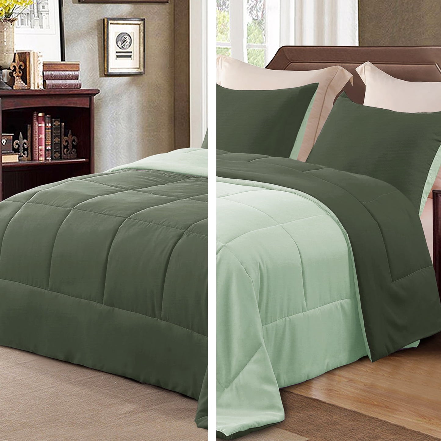 Exclusivo Mezcla Lightweight Reversible 3-Piece Comforter Set All Seasons, Down Alternative Comforter with 2 Pillow Shams, Queen Size, Emerald/Mint