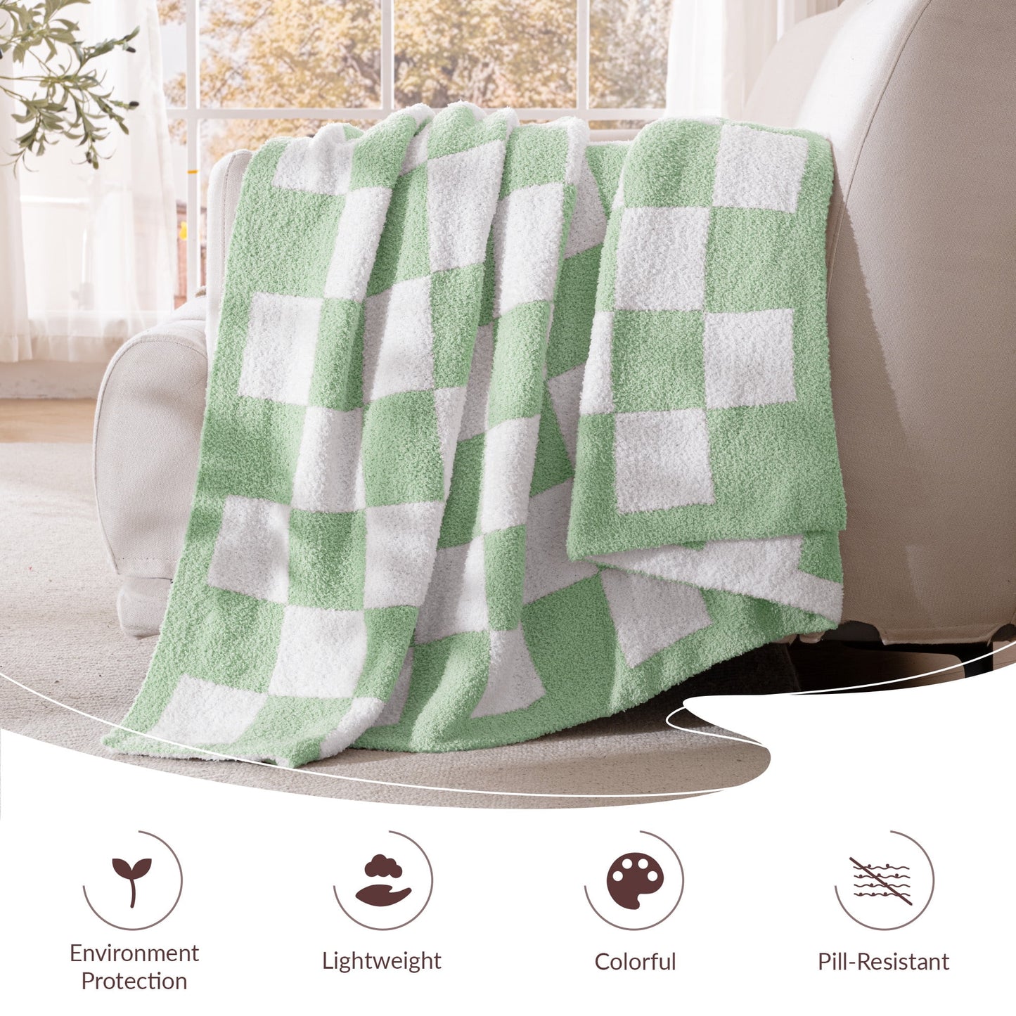 Exclusivo Mezcla Checkered Knit Blanket for Bed Twin Size, Ultra Soft Cozy Fluffy Blanket, Lightweight Fuzzy Throw for Couch and Bed, Sage Green, 60"x80"