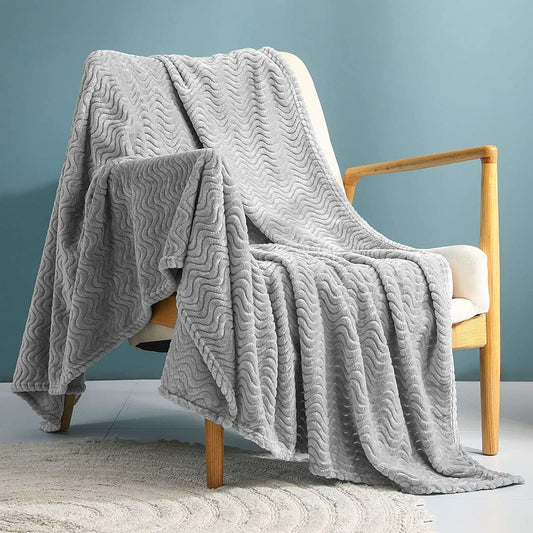 Exclusivo Mezcla Large Flannel Fleece Throw Blanket, Jacquard Weave Wave Pattern (50" x 70", Light Grey) - Soft, Warm, Lightweight and Decorative