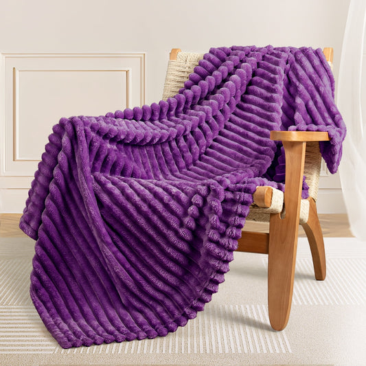 Exclusivo Mezcla Fleece Throw Blanket for Couch, Super Soft 3D Striped Jacquard Bed Blanket, Lightweight Fuzzy Cozy Blankets for All Seasons, 50x60 Inches, Purple Blanket