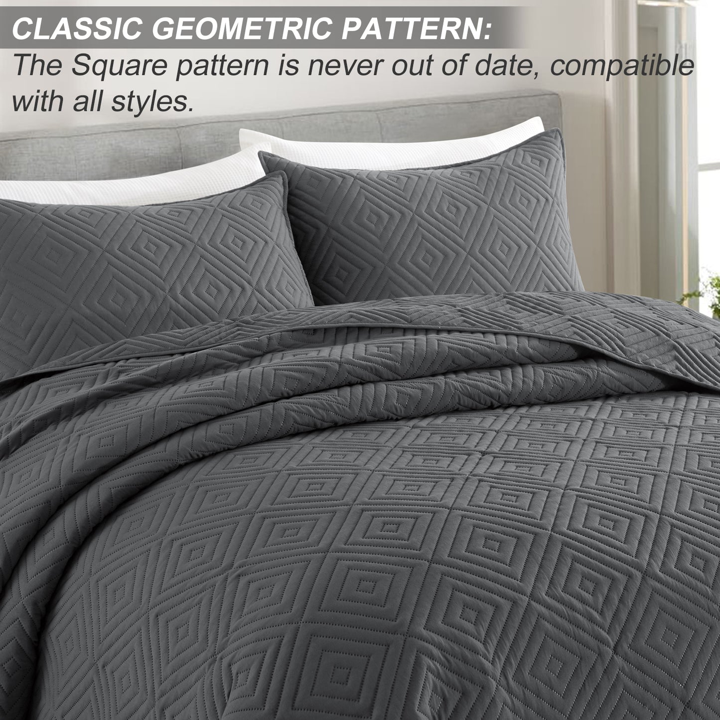 Exclusivo Mezcla 2-Piece Gray Twin Size Quilt Set, Square Pattern Ultrasonic Lightweight and Soft Quilts/Bedspreads/Coverlets/Bedding Set (1 Quilt, 1 Pillow Sham) for All Seasons