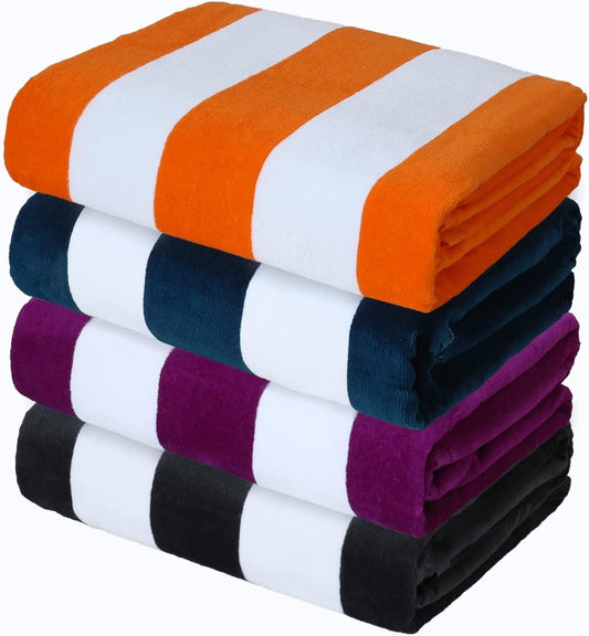 Exclusivo Mezcla 4-Pack Cotton Large Cabana Stripe Beach Towels, Super Absorbent Soft Plush Pool Towel, Bath Towel (Charcoal Grey/Dark Navy/Purple/Orange, 30"x60")